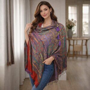 Purple Pashmina Poncho Tassel Accents Scarf